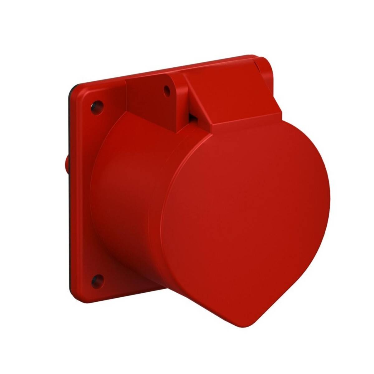 Rote elektrische Wandsteckdose, quadratische Front mit abgerundeten Kanten, robust und industriell, geeignet für Hochleistungsanschlüsse.