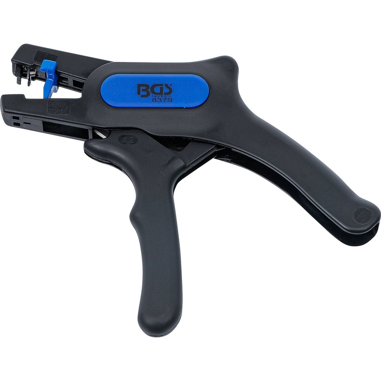 Schwarz-blau lackierte Abisolierzange mit ergonomischen Griffen, geeignet für das Abisolieren verschiedener Kabelquerschnitte.