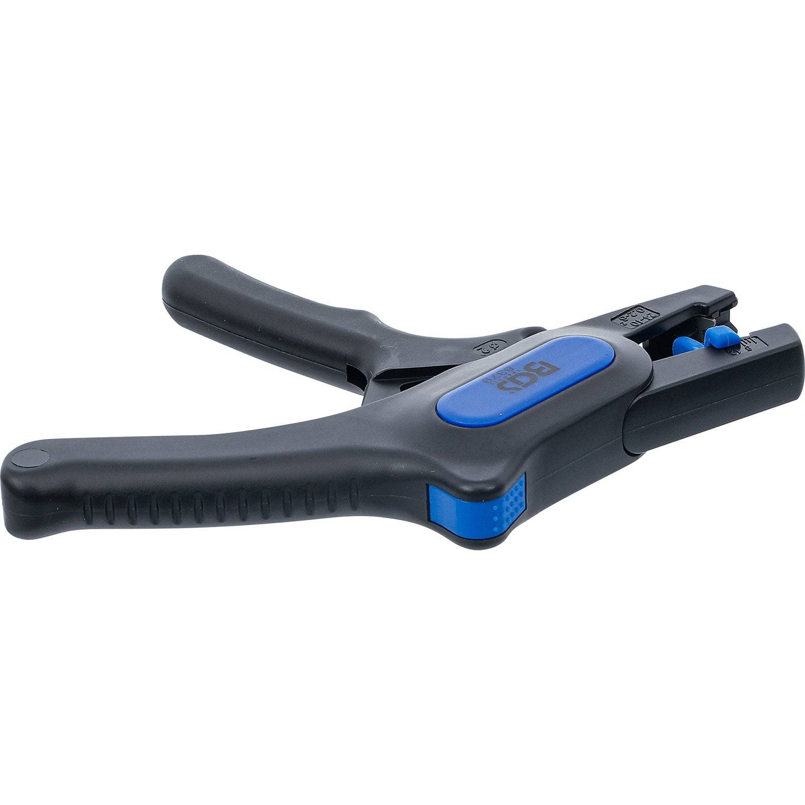 Ein schwarzes und blaues tragbares Werkzeug, möglicherweise eine Crimpzange oder Abisolierzange, das für elektrische Arbeiten oder Kabelinstallationen entwickelt wurde.