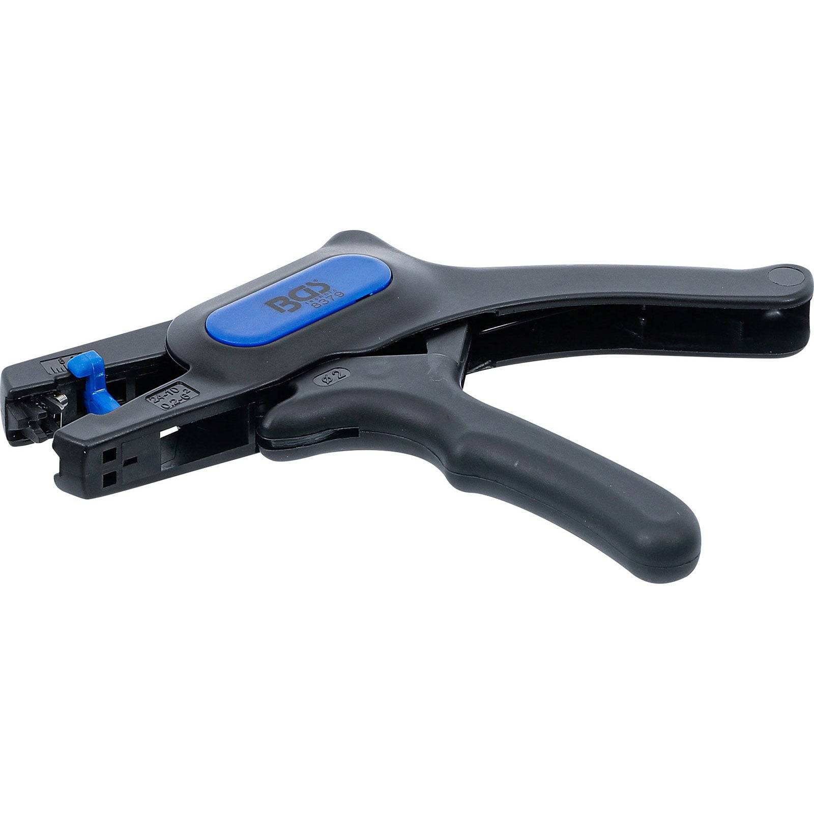 Ein blau-schwarzes Handwerkzeug mit Griff, das zum Crimpen oder Befestigen verwendet wird.