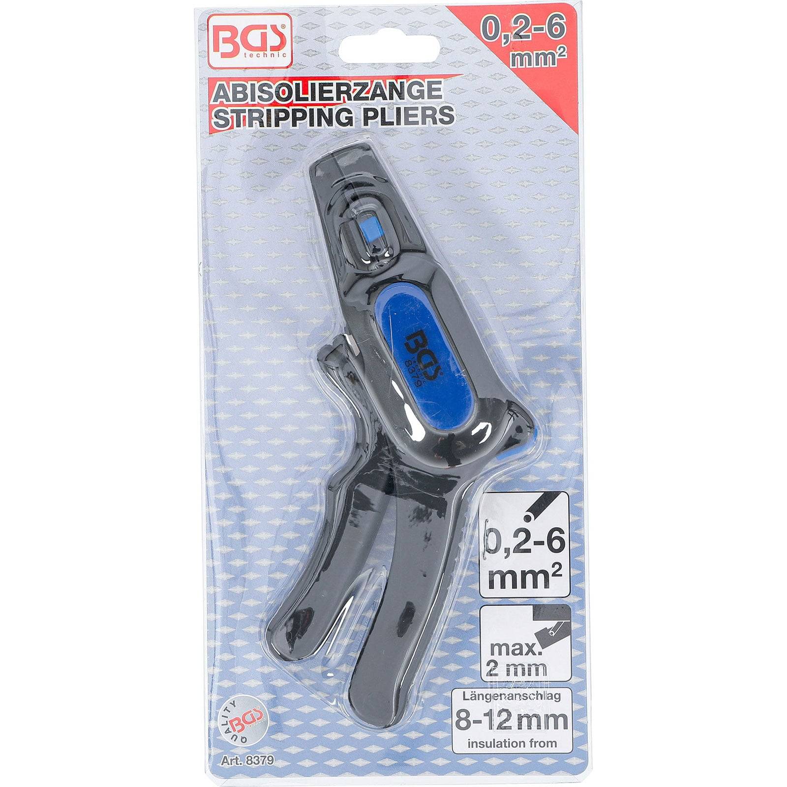 BGS Abmantellzange für 0,2-6 mm² Kabel, Modell 5379, Längenbereich 8-12 mm, max. 2 mm Isolierung.' Verpackungsbild mit abgebildetem Werkzeug.