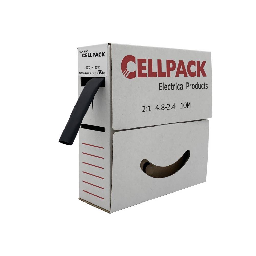 Karton mit der Aufschrift 'Cellpack Electrical Products' mit einem schwarzen Kabel, das herausragt, Abmessungen 2:1 4,8-2,4 10 M.