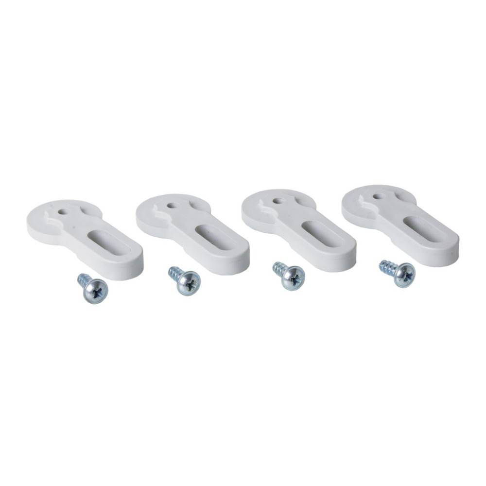 Vier weiße Plastikaufhänger mit jeweils zwei Metallschrauben, die zum Befestigen oder Sichern von Gegenständen an einer Wand verwendet werden.