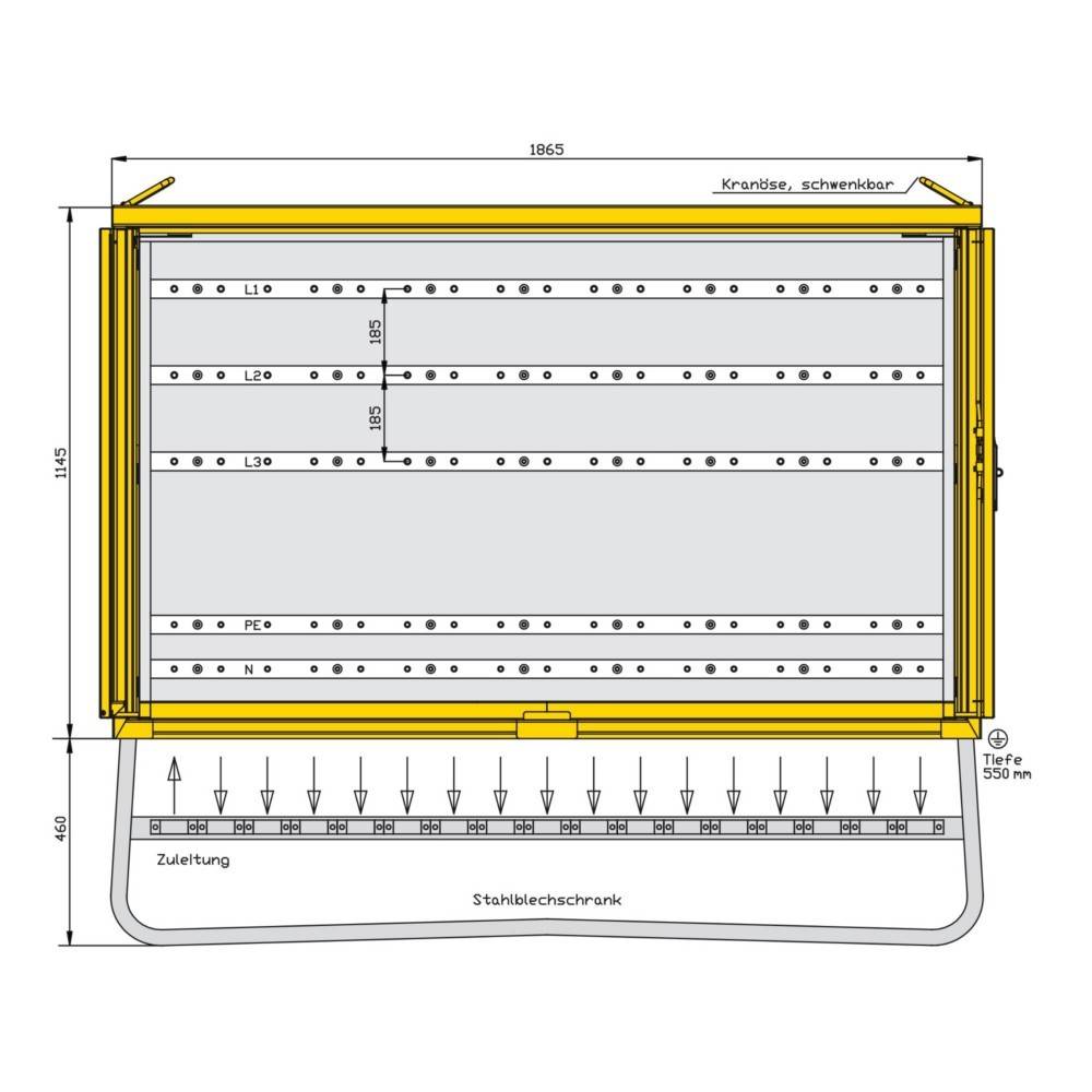 Der 'Verteiler-Schaltplan' zeigt die elektrische Verteilungsanordnung mit Maßangaben, Komponentenbezeichnungen und Richtungspfeilen.