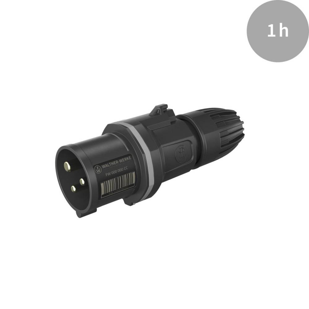 Ein grauer industrieller Stecker mit drei Metallstiften und einem gerillten, schwarzen Griff. Der Stecker ist mit der Aufschrift 'Walther Werke' versehen, und in der Ecke befindet sich ein grauer Kreis mit der Bezeichnung '1h'.