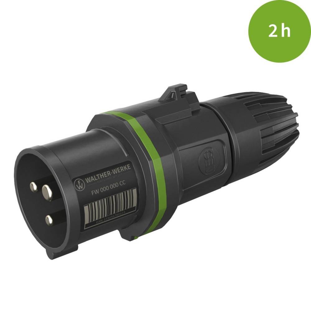 Ein schwarzer Walther-Werke Industriestecker mit einem grünen Streifen, beschriftet mit 'FW 000000 CC'. Oben rechts befindet sich '2h' in einem grünen Kreis.