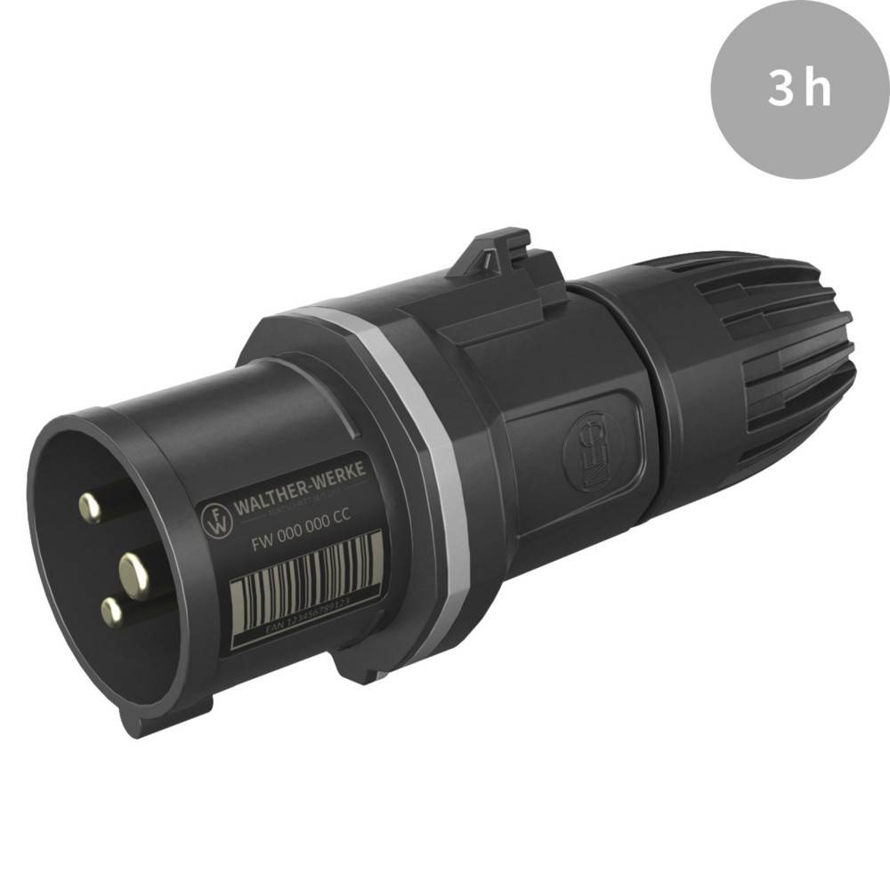 Ein schwarzer industrieller Stromstecker der Marke 'Walther Werke' mit einer 3-poligen Konfiguration. Ein grauer Kreis oben rechts zeigt die Beschriftung '3h'.