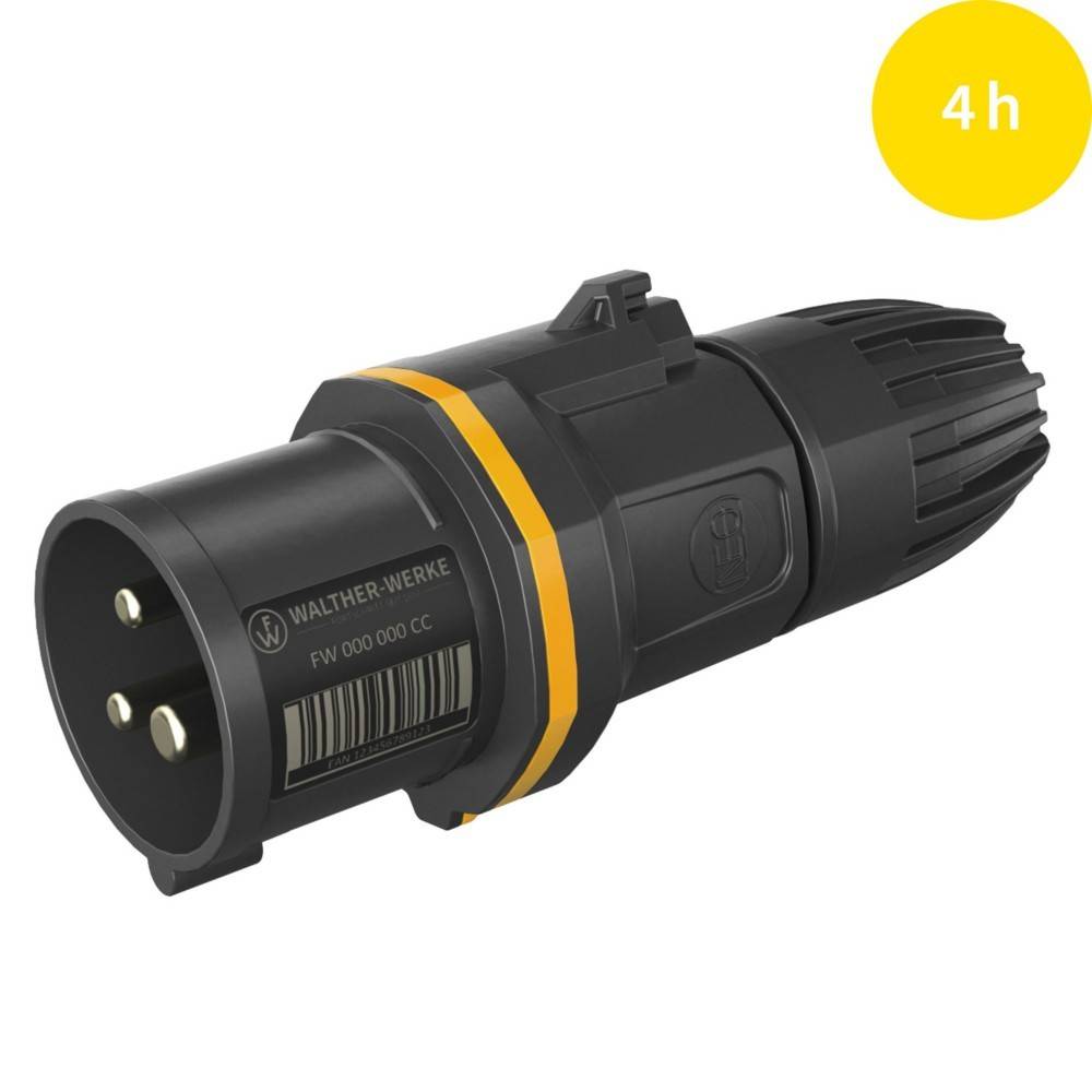 Ein schwarzer zylindrischer Stecker mit einem gelben Band und Barcode. Er ist als Walther-Werke Produkt, 4h Serie, in einem gelben Kreis gekennzeichnet.