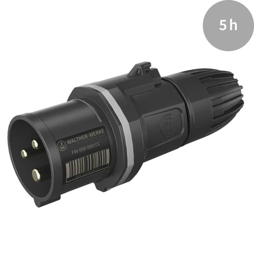 Ein schwarzer industrieller elektrischer Stecker mit drei Metallstiften, beschriftet mit 'WALTHER-WERKE FW 000 000 CC', mit einem runden '5h'-Etikett in der Ecke.