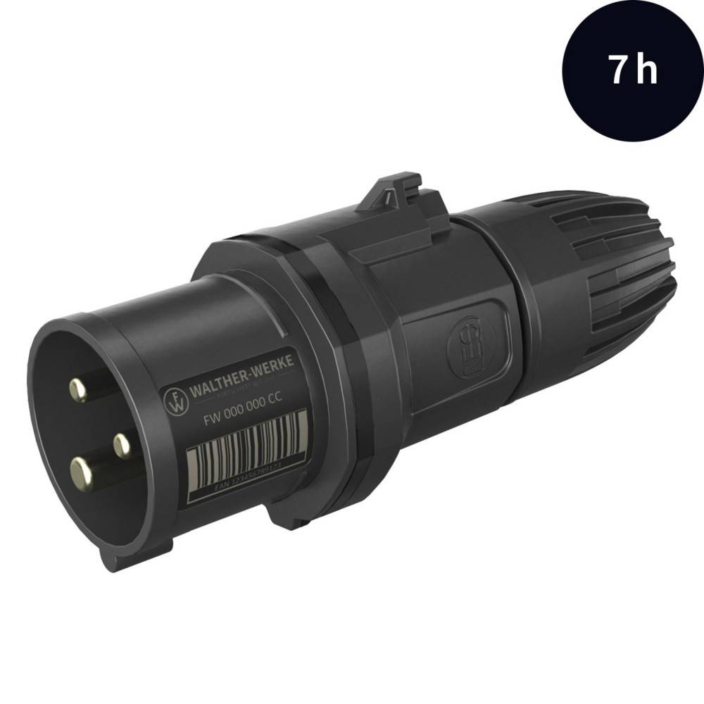 Ein schwarzer elektrischer Steckverbinder mit drei Zinken und einem Barcode. Ein Kreis mit '7h' in der oberen rechten Ecke.