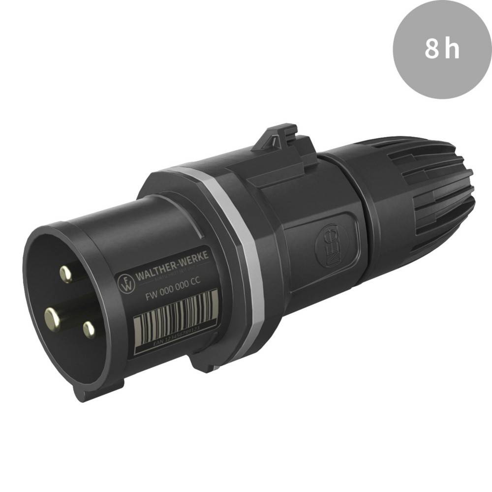 Ein schwarzer elektrischer Stecker, in der oberen Ecke mit '8h' beschriftet, mit drei runden Stiften und einem silbernen Streifen, aus einem Winkel betrachtet.