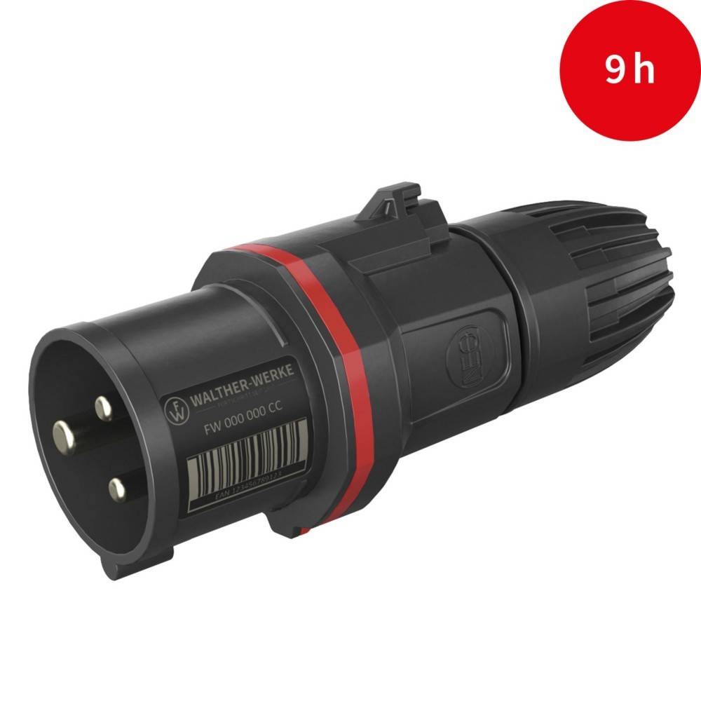 Ein schwarzer industrieller Stecker mit roten Akzenten ist vor einem weißen Hintergrund zu sehen. Ein roter Kreis in der oberen rechten Ecke zeigt '9h'.