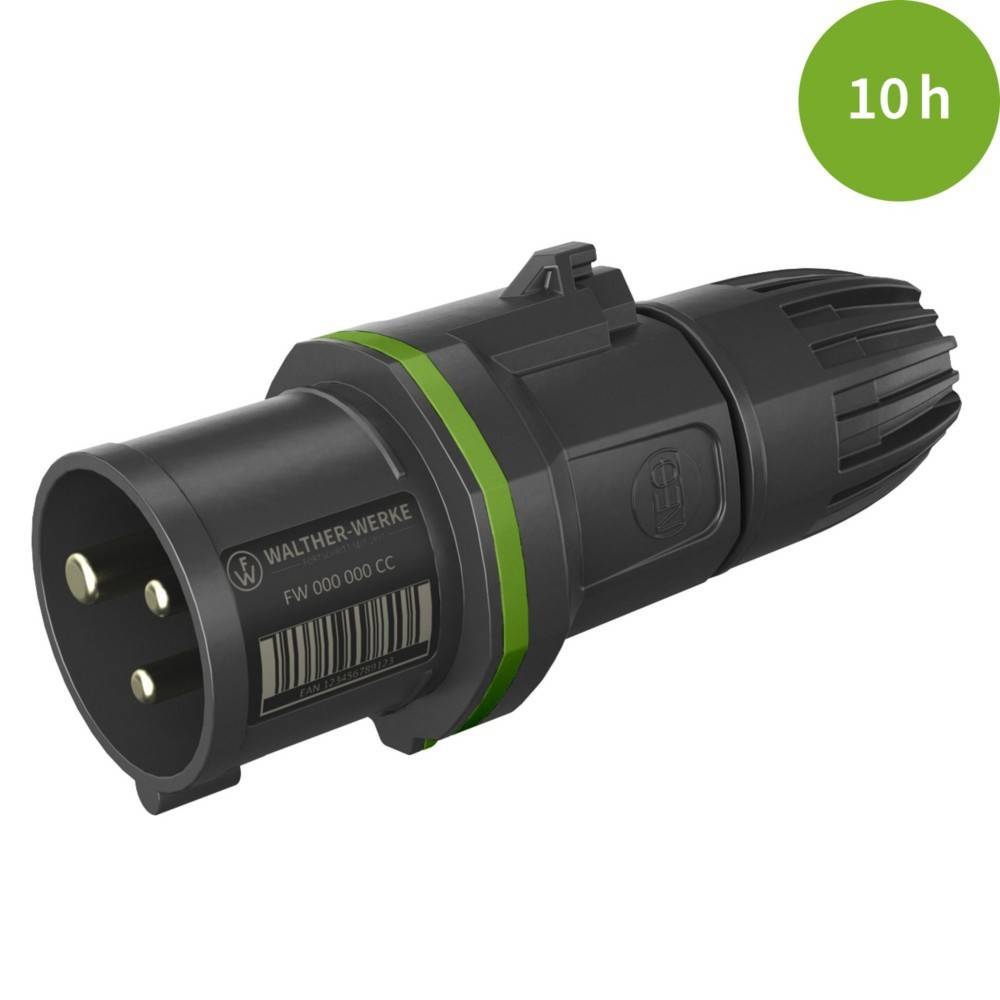 Ein schwarzer und grüner dreiaddriger Elektrische Stecker mit einer Beschriftung, vor einem weißen Hintergrund. Ein grüner Kreis in der Ecke zeigt '10h'.