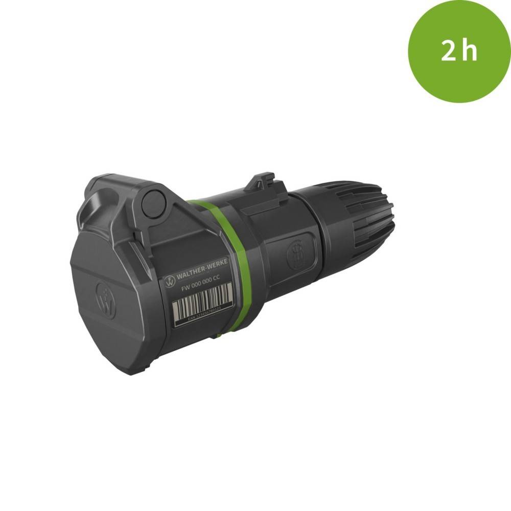 Eine kompakte, zylindrische Taschenlampe in Schwarz und Grün wird mit Fokus auf ihr Design gezeigt. Ein grüner Kreis in der Ecke zeigt '2h'.