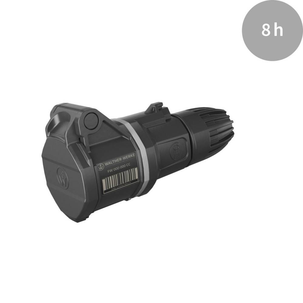 Schwarzes Plastikgerät, das einer taktischen Taschenlampe ähnelt, mit der Beschriftung 'Walther' und '8h', die in einem grauen Kreis oben rechts angegeben ist.