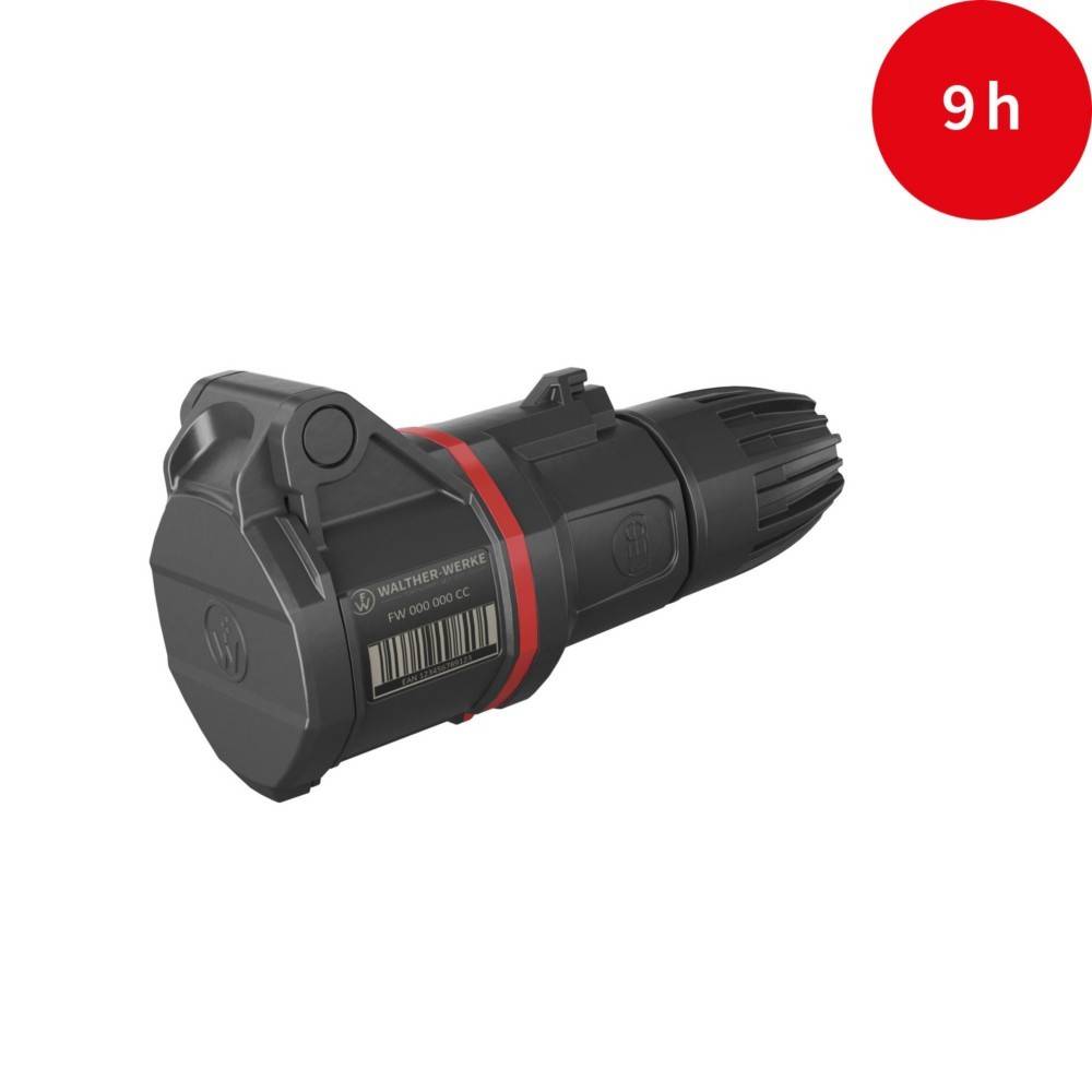 Eine schwarze Akku-Bohrmaschine mit einer roten Anzeige in der oberen rechten Ecke, die '9h' zeigt und auf 9 Stunden Restladung hinweist.