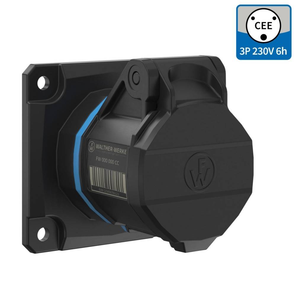 Schwarze elektrische Steckdose mit Deckel, CEE-markiert, 3P 230V 6h, für industrielle Verwendung konzipiert, auf einer Platte montiert.