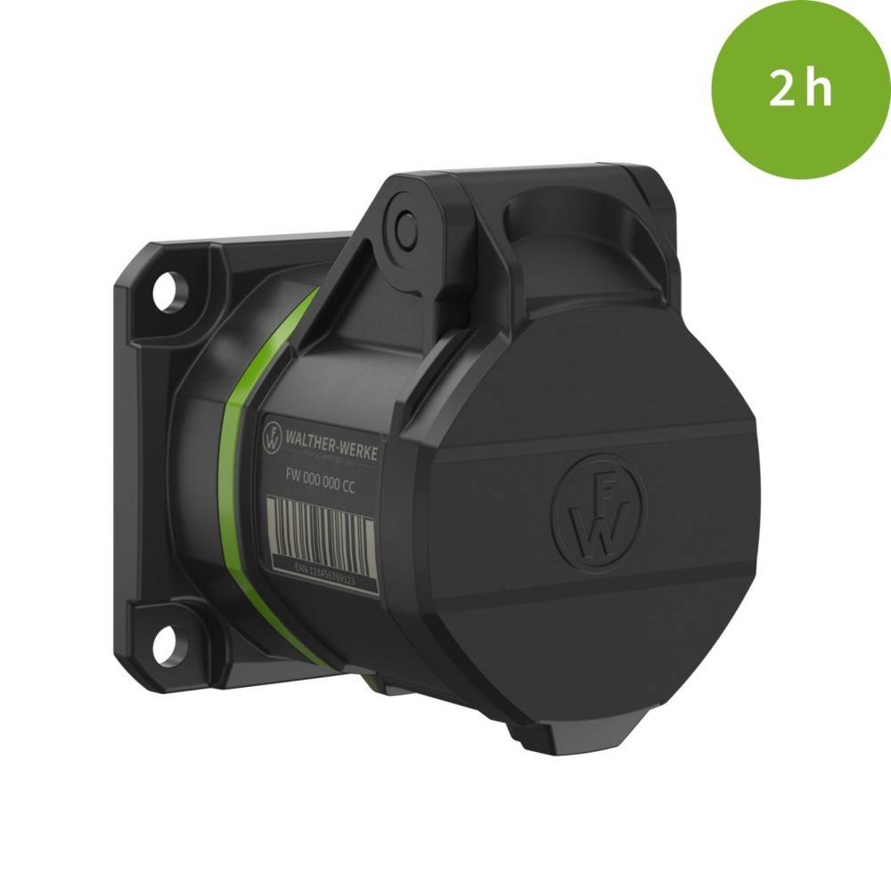 Schlanke schwarze Industriekomponente mit kreisförmiger Abdeckung, auf einem Sockel montiert. Grünes Band und '2h' in einem grünen Kreis signalisieren Beständigkeit.