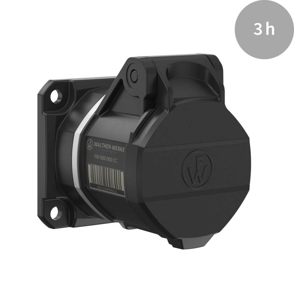 Eine schwarze industrielle elektrische Komponente mit Befestigungslöchern und einer 3-Stunden-Beschriftung.