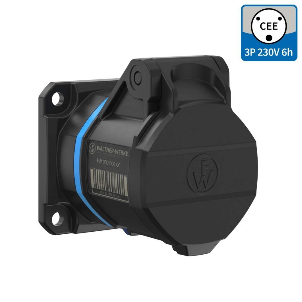 Eine schwarze, robuste Steckdose für den industriellen Einsatz mit der Beschriftung '3P 230V 6h' auf blauem Hintergrund.