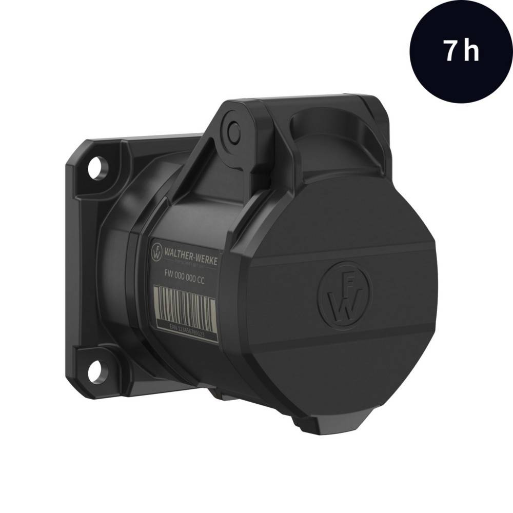 Ein schwarzer industrieller Steckdosenschutz mit Befestigungslöchern, beschriftet mit 