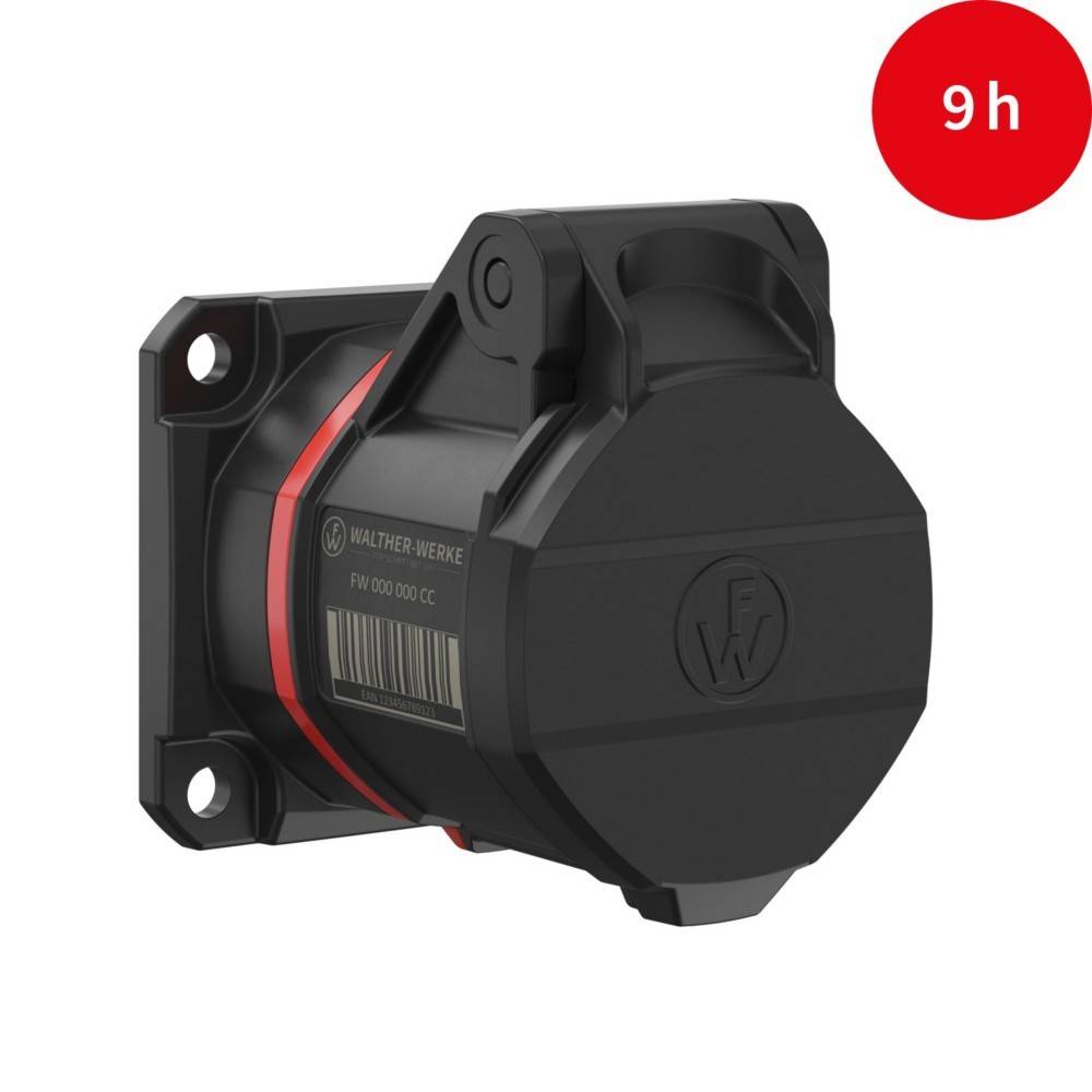 Schwarzer industrieller Stecker mit zwei Befestigungslöchern, der ein Walther Werke-Etikett zeigt. Roter Kreis in der Ecke mit der Markierung '9h'.