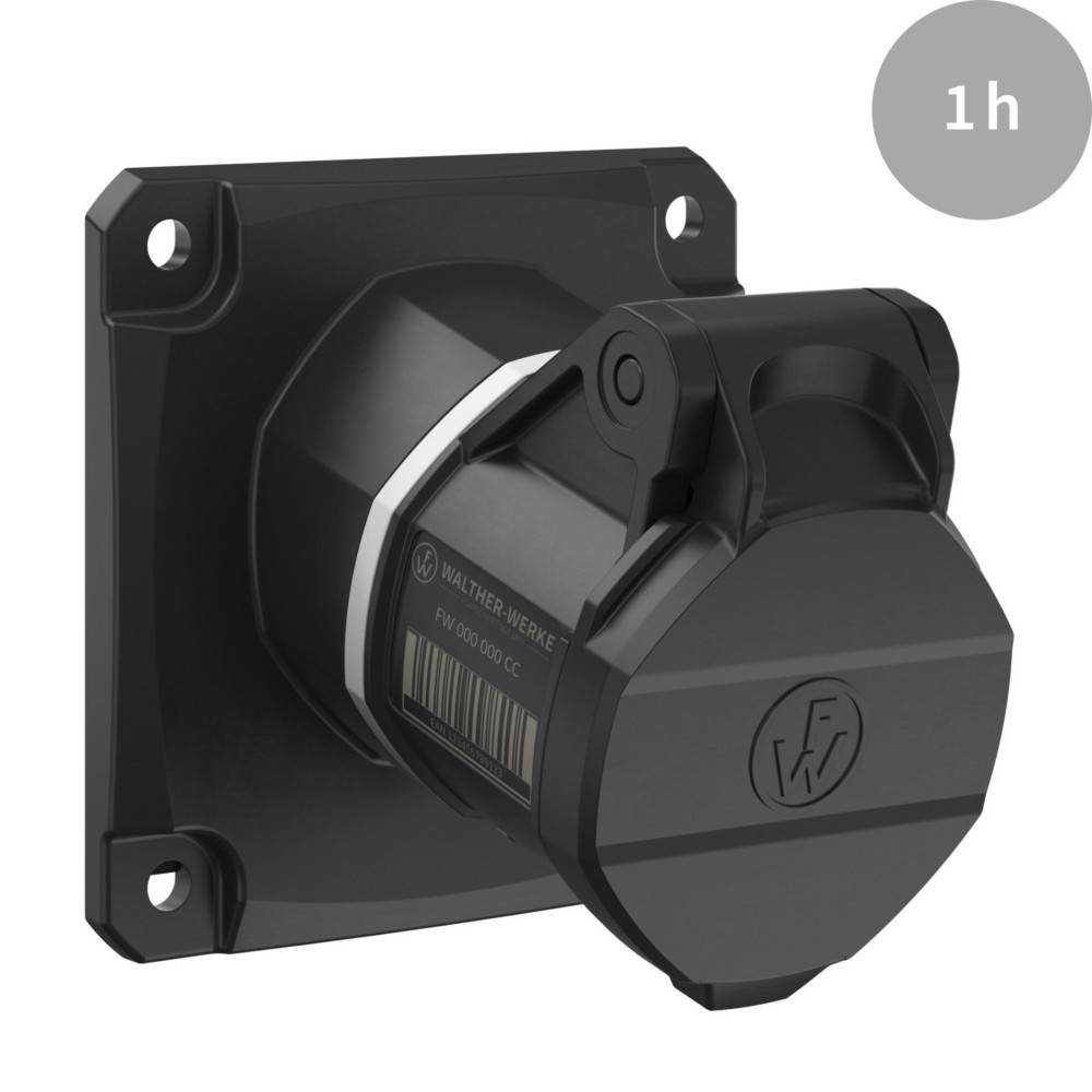 Eine schwarze industrielle Steckdose mit Deckel, beschriftet mit 'Walther Werke'. Ein grauer Kreis in der Ecke zeigt '1h'.