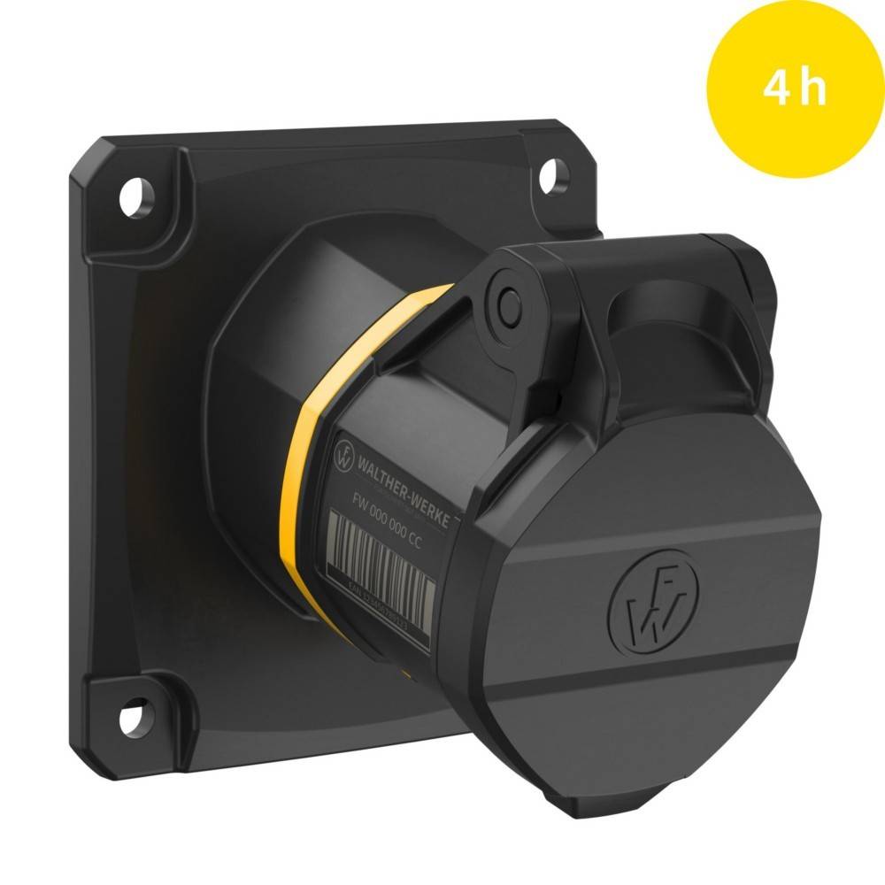 Eine schwarze industrielle Elektro-Steckdose mit quadratischer Grundfläche und geschlossenem Deckel, gekennzeichnet mit '4h' in einem gelben Kreis in der Ecke.