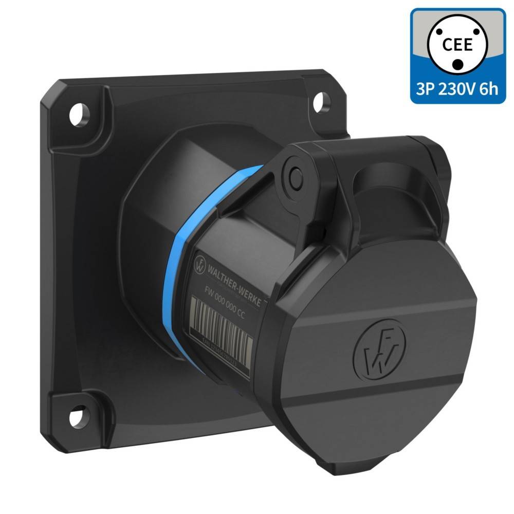 Schwarze elektrische Steckdose mit blauer Detailierung, wandmontiert. Gekennzeichnet als CEE, 3P 230V, 6h.