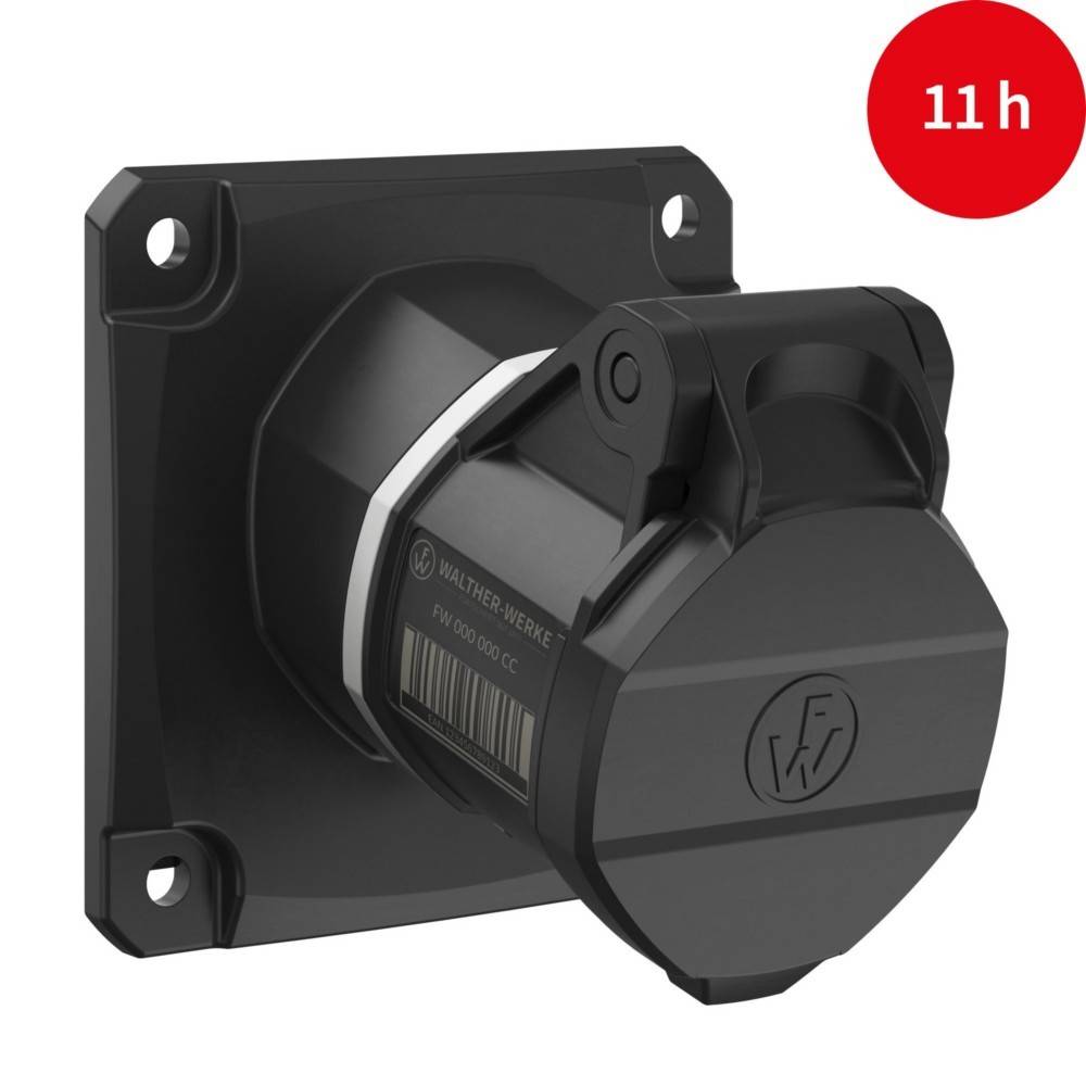 Schwarze industrielle Wandsteckdose mit verriegelbarem Deckel, montiert auf einer quadratischen Grundplatte, gekennzeichnet mit einem roten Kreis, der 