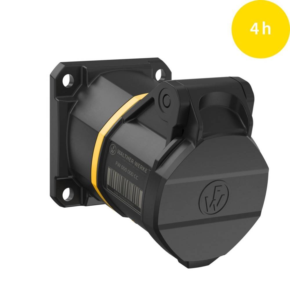 Schwarze industrielle Wandsteckdose mit gelber Streifen, vier Befestigungslöchern, Modellnummer P/N 900 000 CC, Marke E.V.