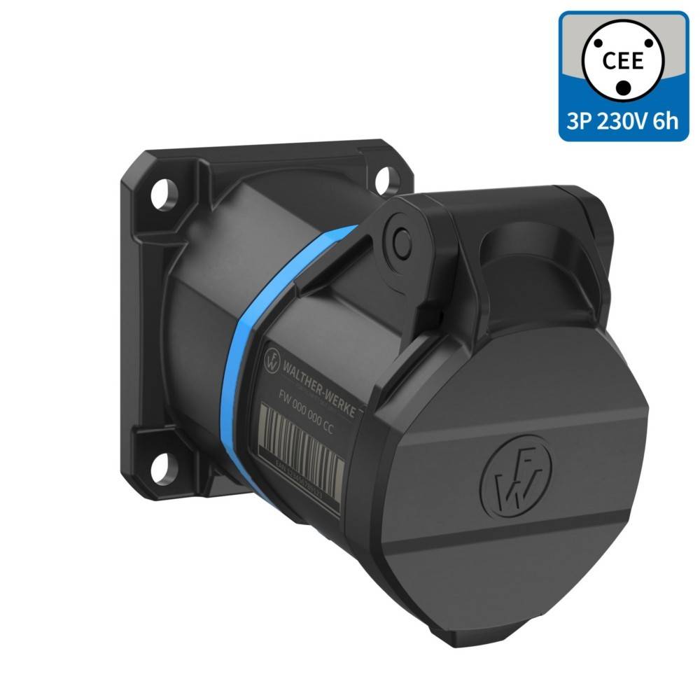 Eine schwarze CEE-Elektro-Steckdose mit der Beschriftung 3P 230V 6h; für den industriellen Einsatz konzipiert.