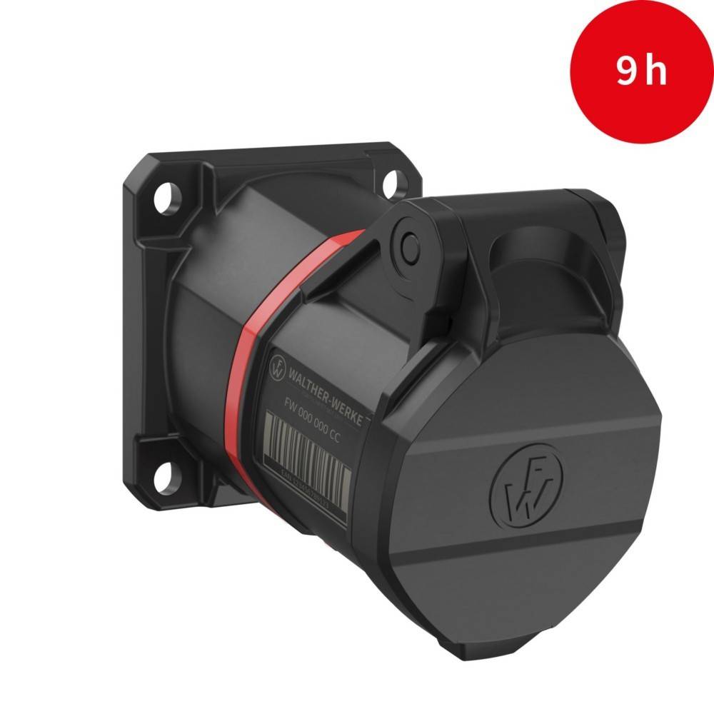 Ein schwarzer und roter industrieller Stecker mit einer runden Gestaltung und Befestigungssockel, gekennzeichnet mit '9h' in einem roten Kreis darüber, was die Orientierung anzeigt.