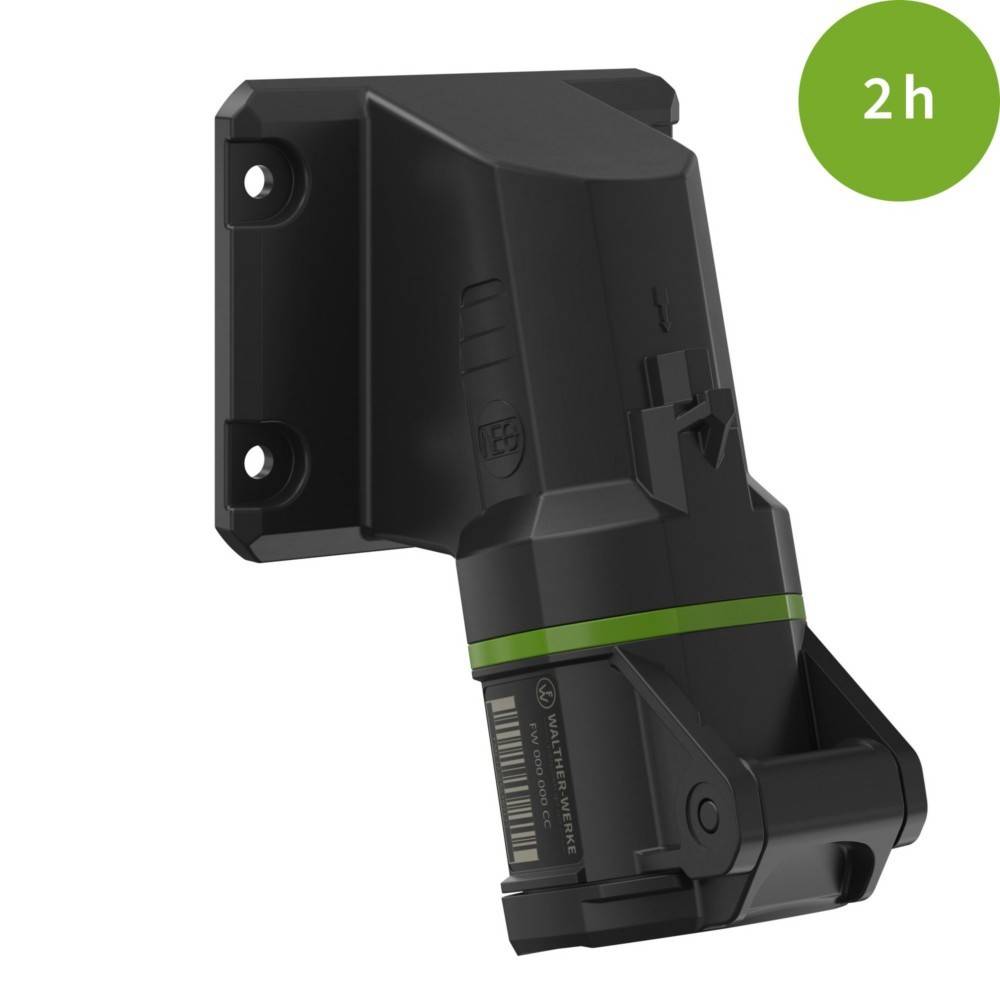 Eine schwarze und grüne Batteriebox, die an einem Gerät befestigt ist, mit '2h' in einem grünen Kreis oben, was auf eine Leistungsdauer von zwei Stunden hinweist.