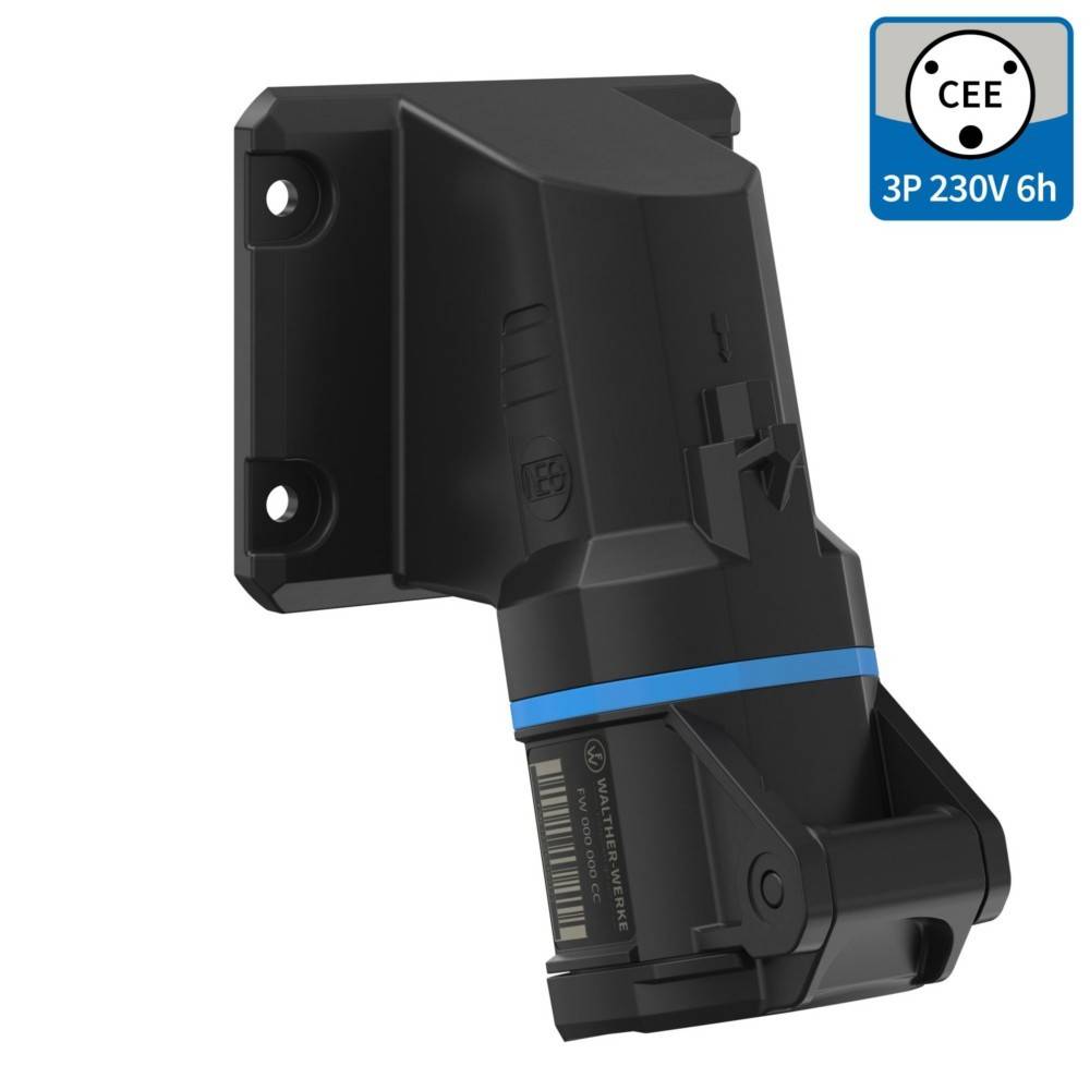 Schwarzer elektrischer Paneelverbinder mit CEE-Beschriftung, 3P 230V 6h. Blaues Band in der Mitte signalisiert Kompatibilitätsspezifikationen.