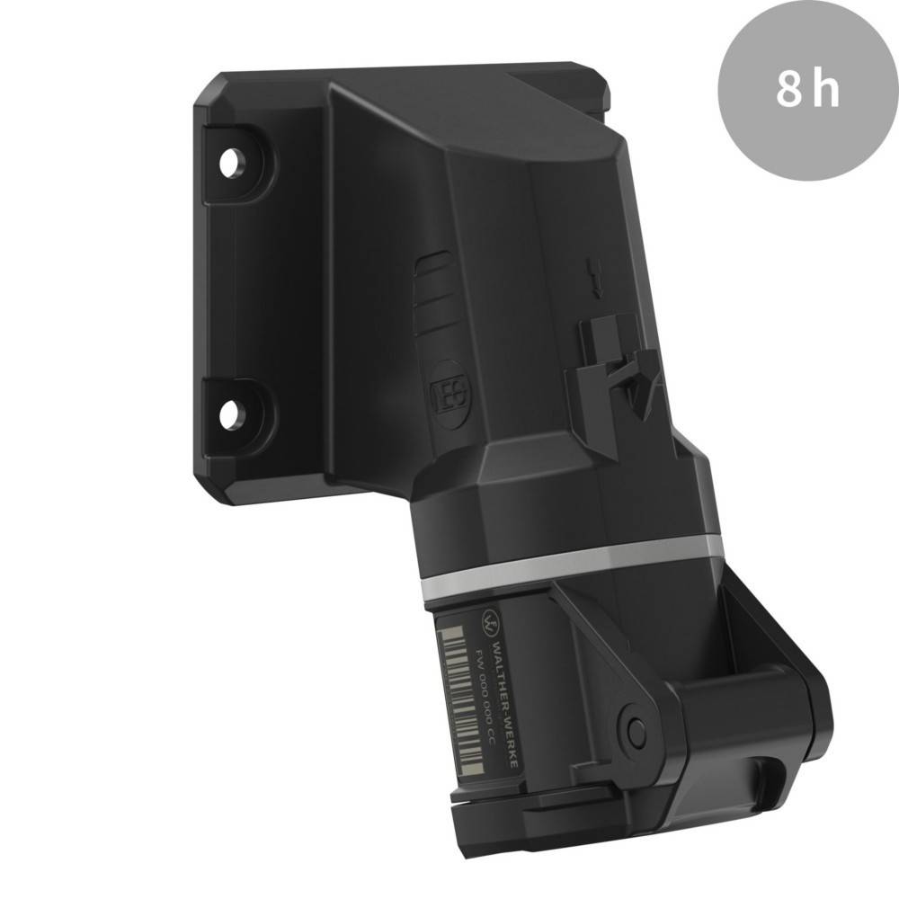 Schwarzer industrieller Sensor, der auf einem Halterungsgestell montiert ist, mit einem runden Symbol '8 h' gekennzeichnet, möglicherweise als Hinweis auf einen 8-Stunden-Betrieb oder eine Batterielaufzeit.