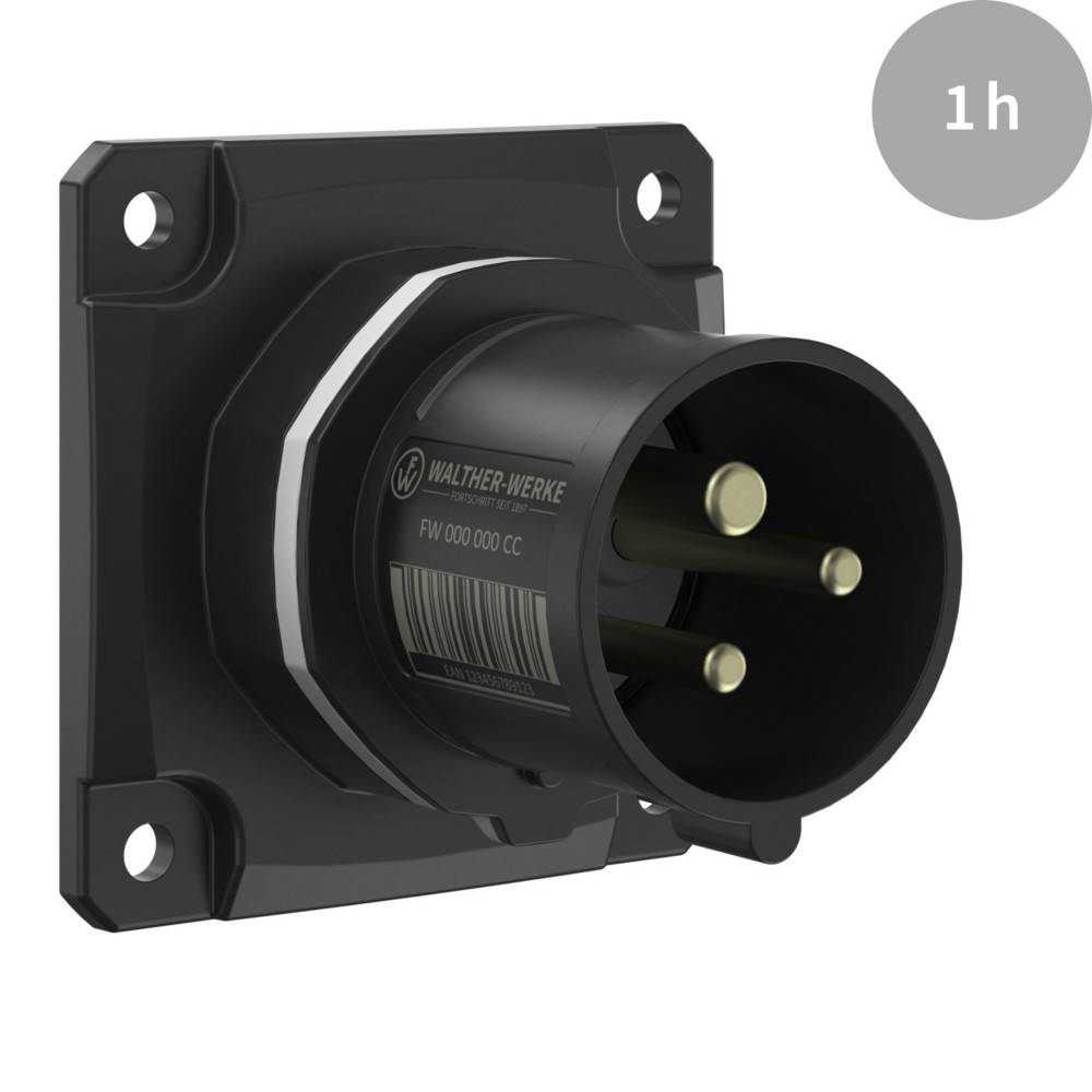 1h' in einem grauen Kreis. Schwarzer industrieller Stecker mit drei Messingbolzen, auf einer Platte montiert. Beschriftet mit 'Walther-Werke'.