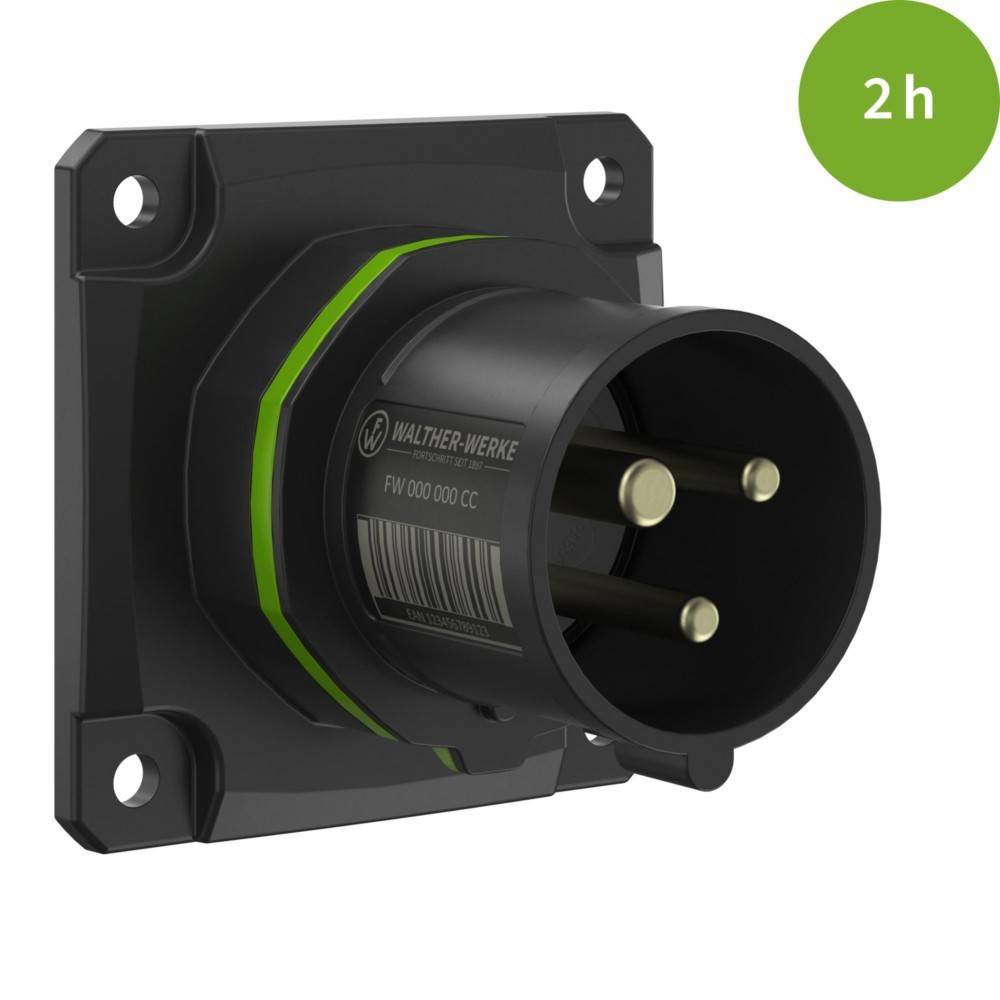 Schwarze industrielle Steckdose mit einem grünen Streifen, ausgestattet mit drei runden Stiften. Ein grüner Kreis mit der Aufschrift '2h' befindet sich in der oberen rechten Ecke.