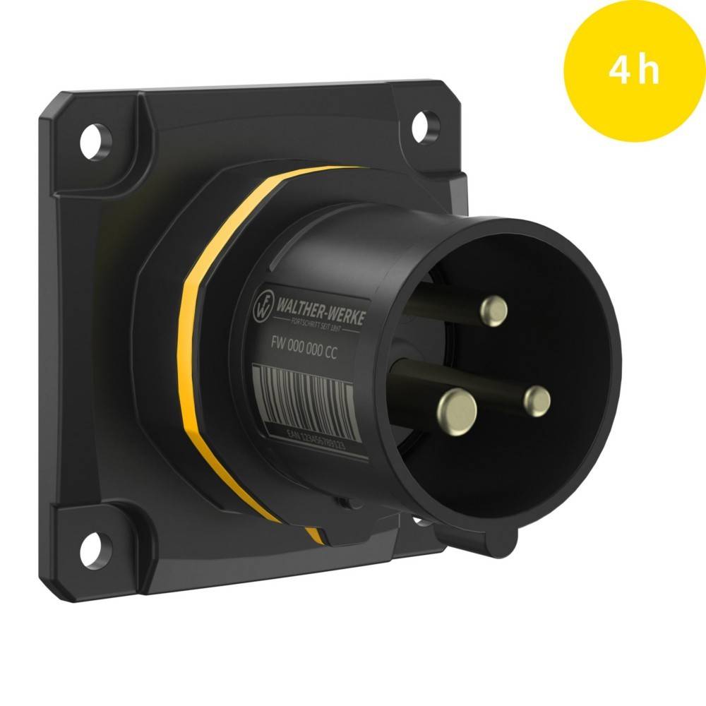Eine schwarze industrielle elektrische Steckdose mit drei hervorstehenden Stiften, montiert auf einer grauen Grundplatte. Ein gelbes Etikett mit der Aufschrift '4h' befindet sich in der oberen rechten Ecke.