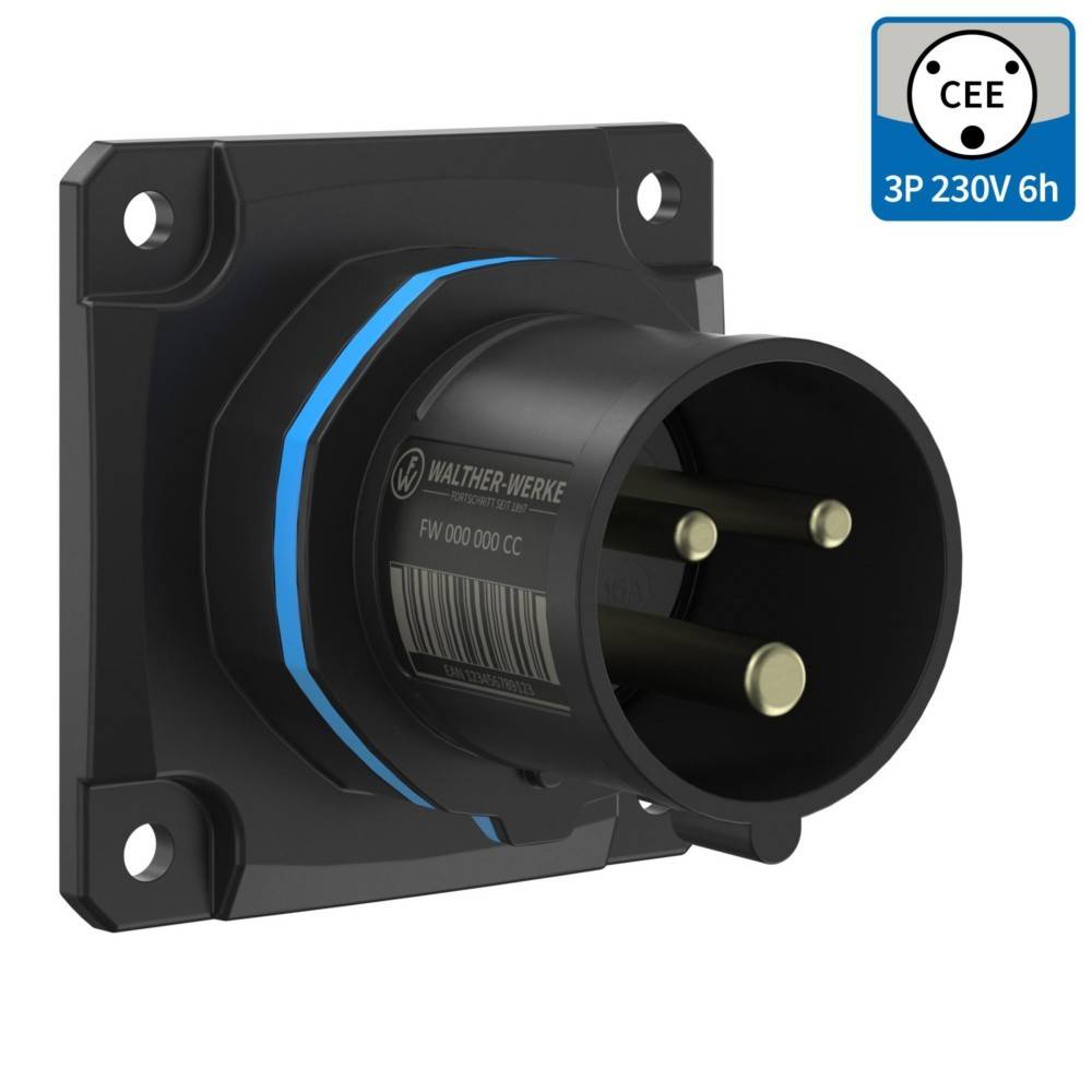 Eine schwarze und blaue industrielle Steckdose mit drei Stiften ist zu sehen. In der oberen rechten Ecke ist 'CEE 3P 230V 6h' angegeben.