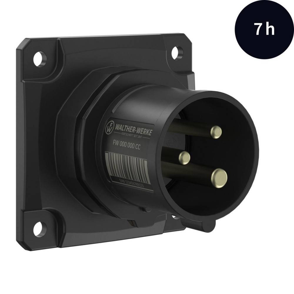 Ein schwarzer industrieller Stromstecker mit drei großen hervorstehenden Stiften. Eine kleine Beschriftung zeigt eine Produktnummer an. Eine kreisförmige Ikone zeigt „7h