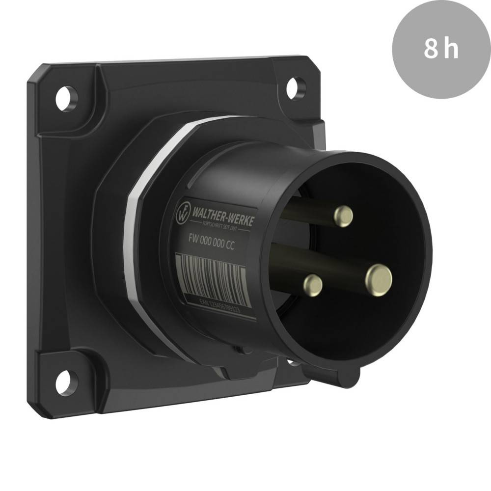 Elektrischer Stecker der Marke 'Walther-Werke' mit drei runden Stiften, an einer Wandplatte montiert. Beschriftung '8h' in der oberen rechten Ecke.