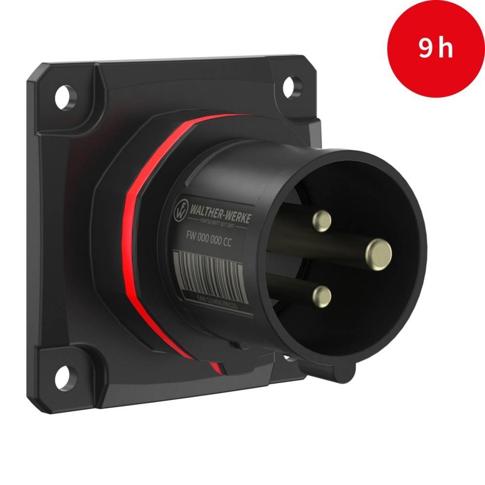 Eine schwarze elektrische Steckdose mit rotem kreisförmigem Akzent, auf einer quadratischen Grundfläche montiert. In der oberen rechten Ecke ist ein roter Kreis mit der Aufschrift '9h' zu sehen.