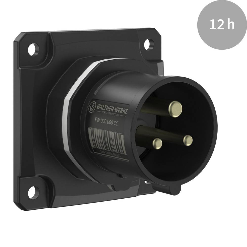 Elektrischer Steckdosenstecker mit drei runden Stiften, 12 Stunden bewertet, auf grauem Hintergrund.