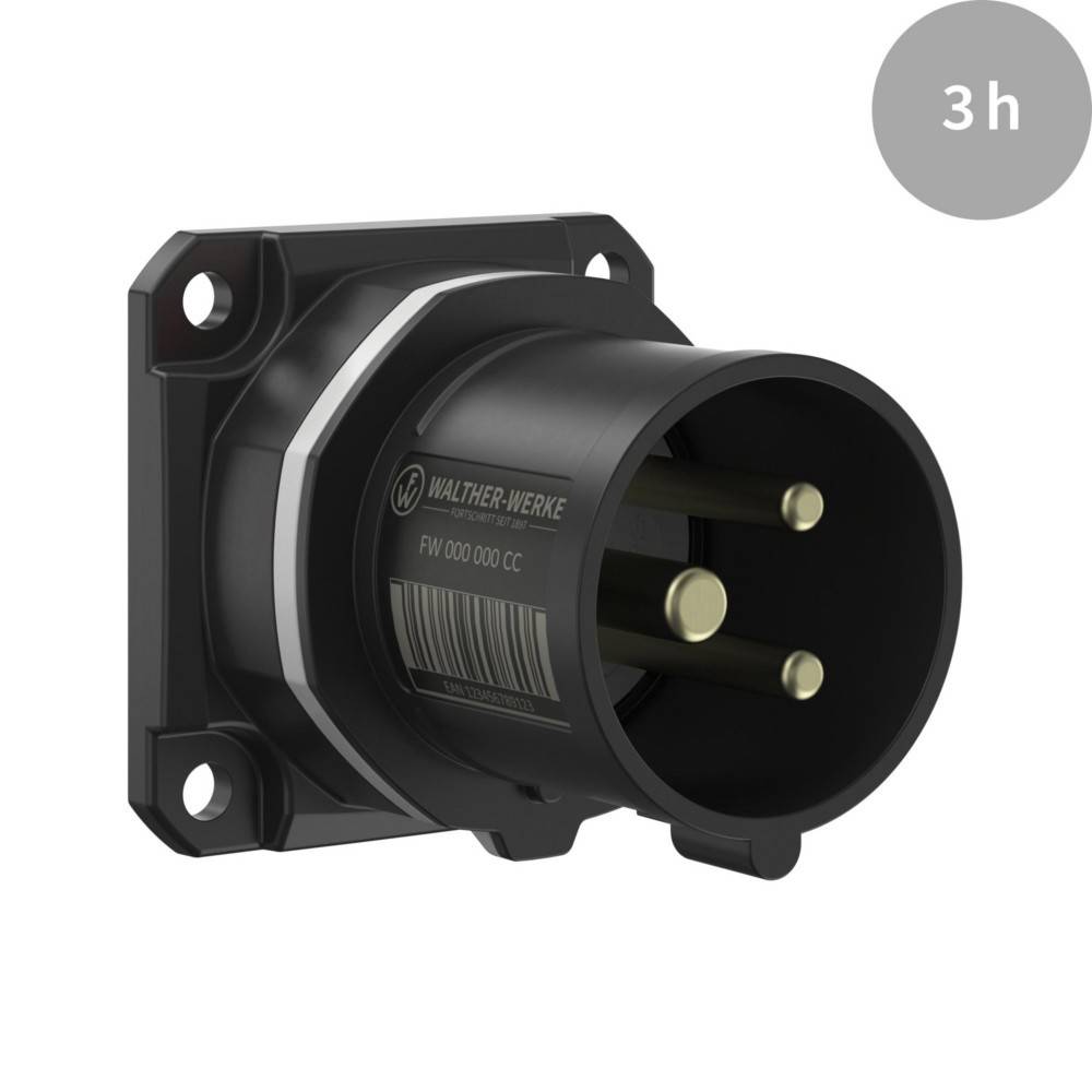 Wandmontierte schwarze industrielle Elektrosteckdose mit drei Stiften, gekennzeichnet mit Walther-Werke. Grauer Kreis zeigt eine Dauer von 3 Stunden an.