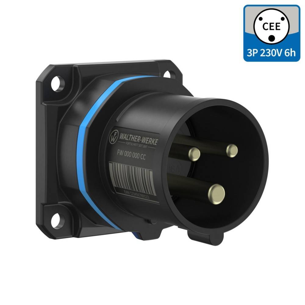 CEE 3P 230V 6h Industriesteckdose mit drei Kontakten und einem blau-schwarzen Gehäuse.