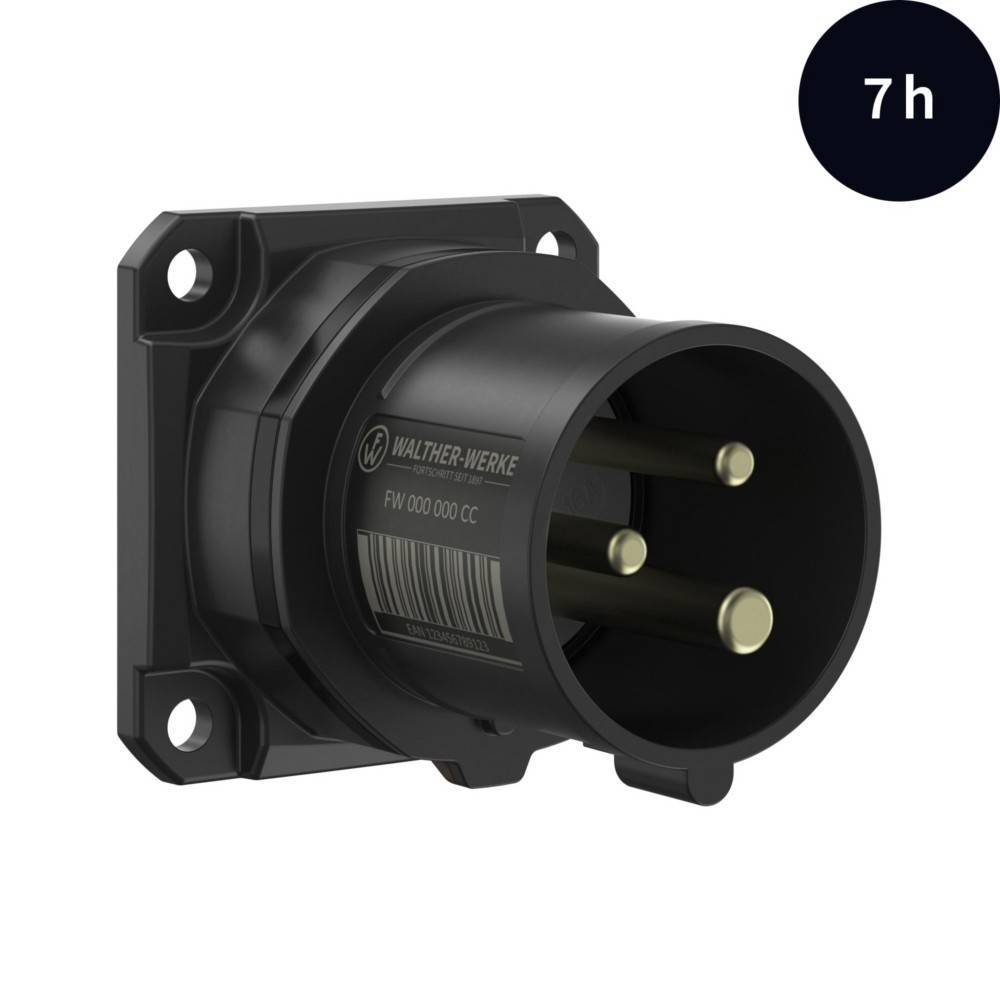Walther-Werke industrielle Elektro-Steckdose, schwarz, mit Beschriftung, für industriellen Einsatz montiert. Symbol oben rechts zeigt eine Dauer von 7 Stunden an.