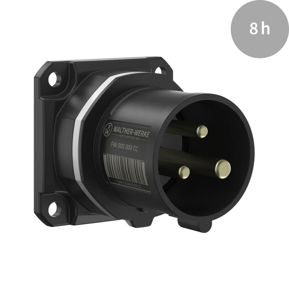 Schwarzer industrieller Stromstecker mit drei zylindrischen Stiften auf einer quadratischen Grundfläche; Etikett liest 'Walther-Werke FW 030 000 CC'.