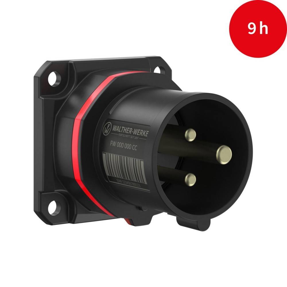 Eine schwarze industrielle Steckdose mit drei runden Stiften, einem roten Ring, montiert auf einer quadratischen Basis. Roter Kreis in der Ecke zeigt '9h'.