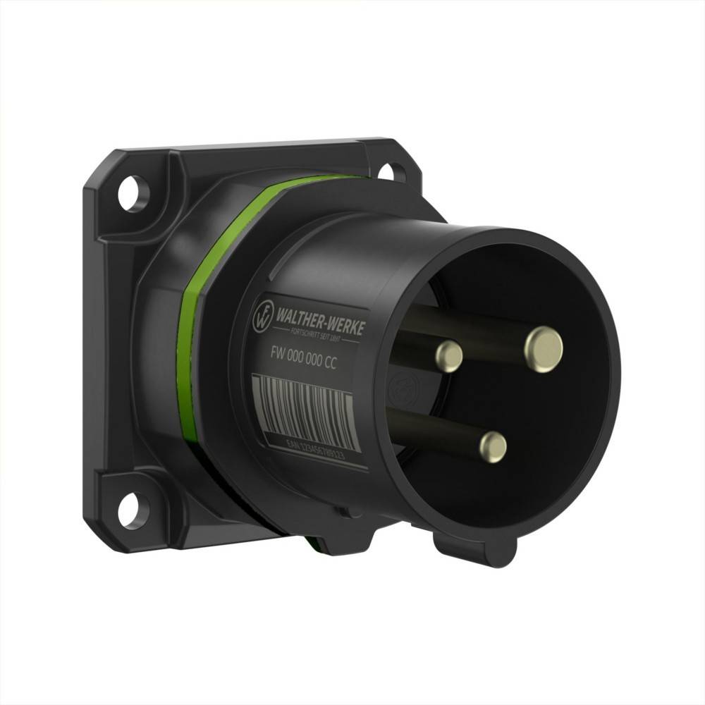 Eine schwarze industrielle Stromsteckdose mit drei runden Stiften, montiert auf einer quadratischen Grundplatte mit einem Etikett 'Walther-Werke' und einer Seriennummer.